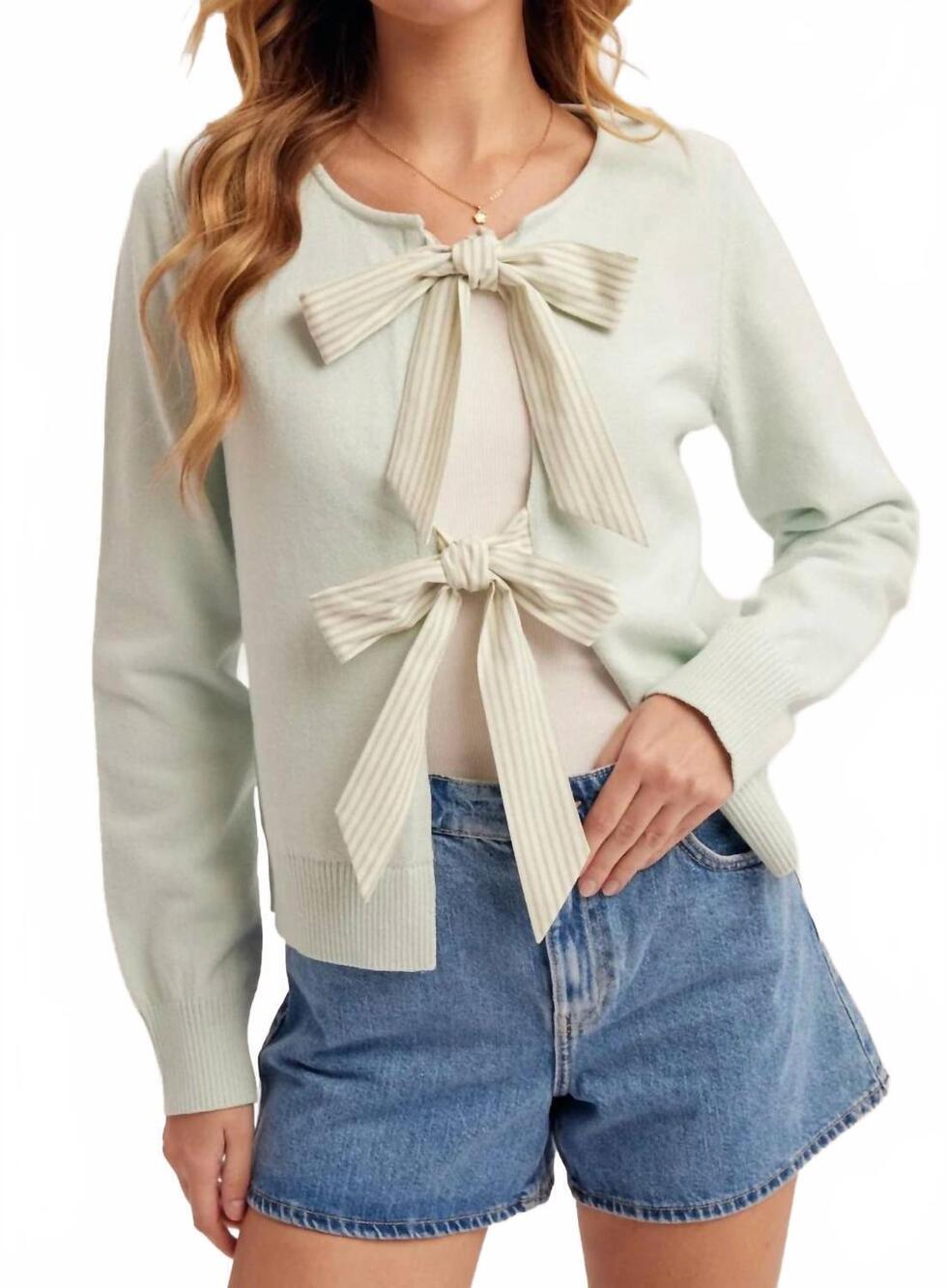 NEW HEM & THREAD striped bows sweater in sage